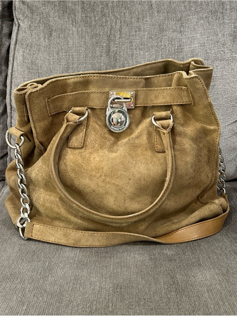 Michael Kors Hamilton Satchel Handbag Shoulder Suede Brown Distressed